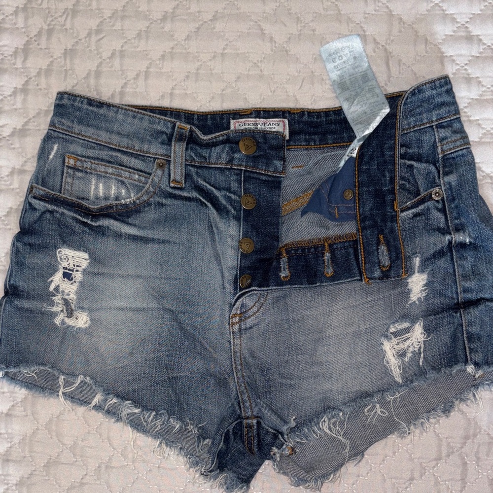 Guess Distressed Denim Jean Shorts in Faded Blue